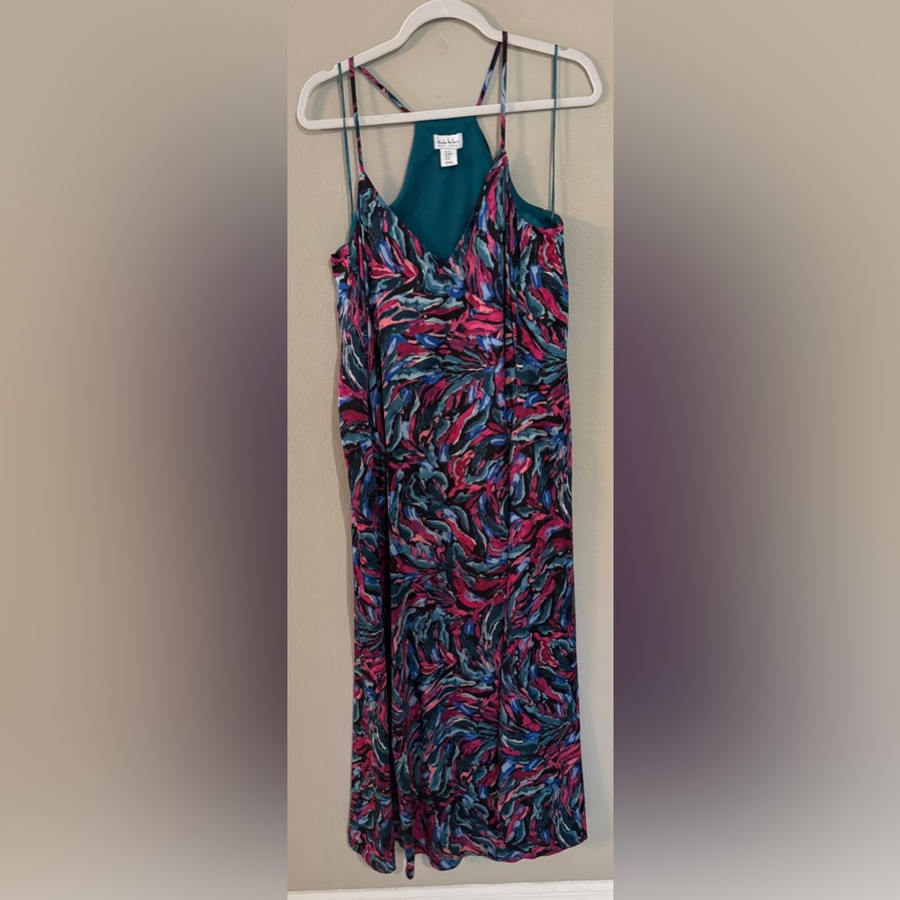 Slip Maxi Dress with Abstract Teal & Pink Print